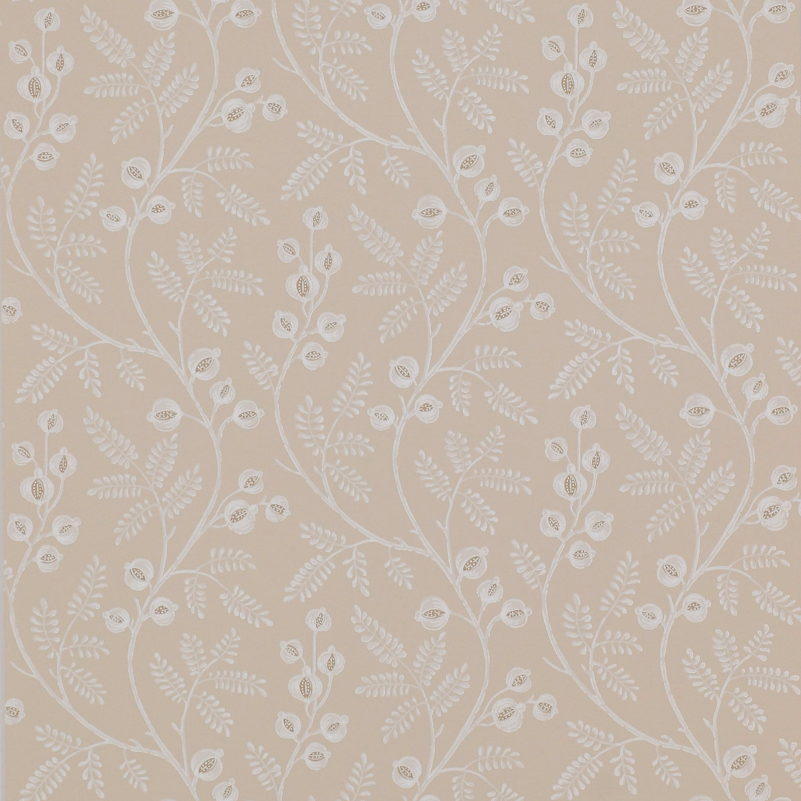 Warm oatmeal cream wallpaper with ivory branching vines, leaves and outlined seed pods