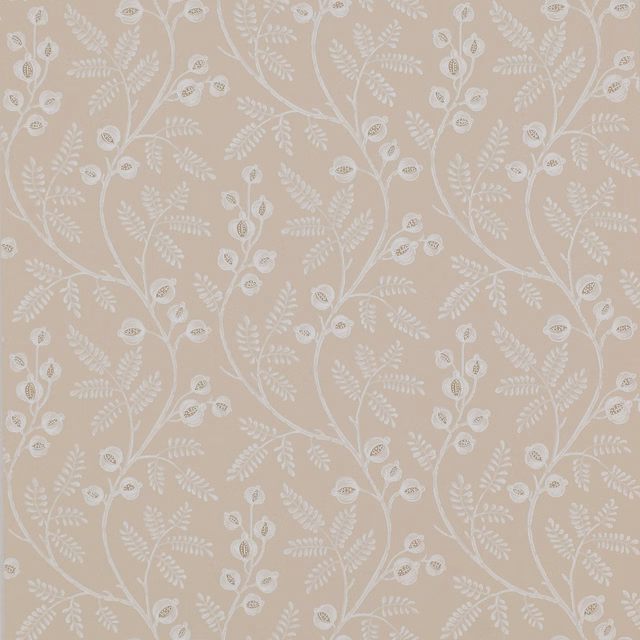 Warm oatmeal cream wallpaper with ivory branching vines, leaves and outlined seed pods