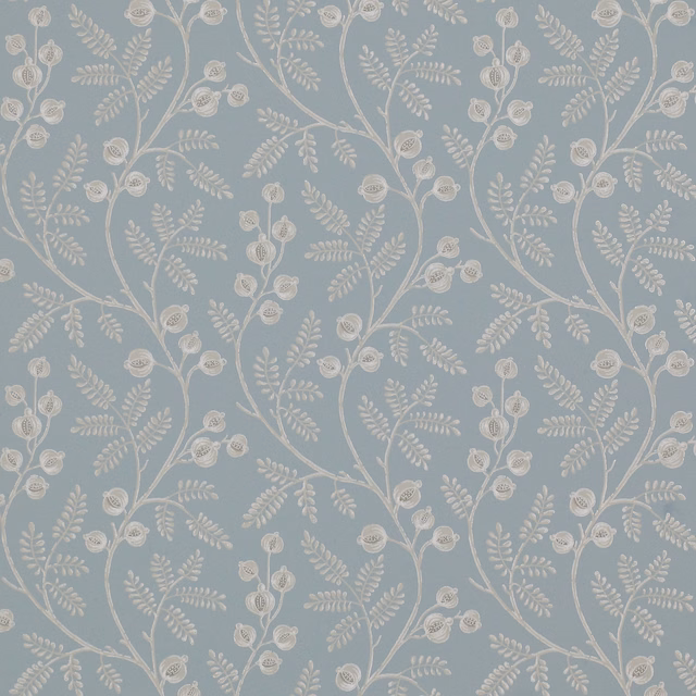 Dusty Old Blue wallpaper with ivory trailing vines, fern leaves and small flowers