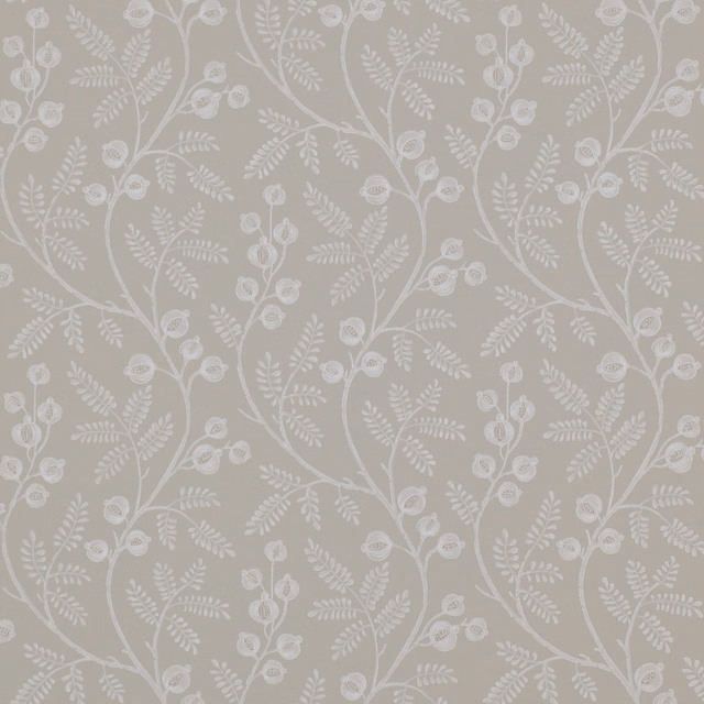 Silver-grey wallpaper with delicate white vines, fern leaves and small botanical flowers
