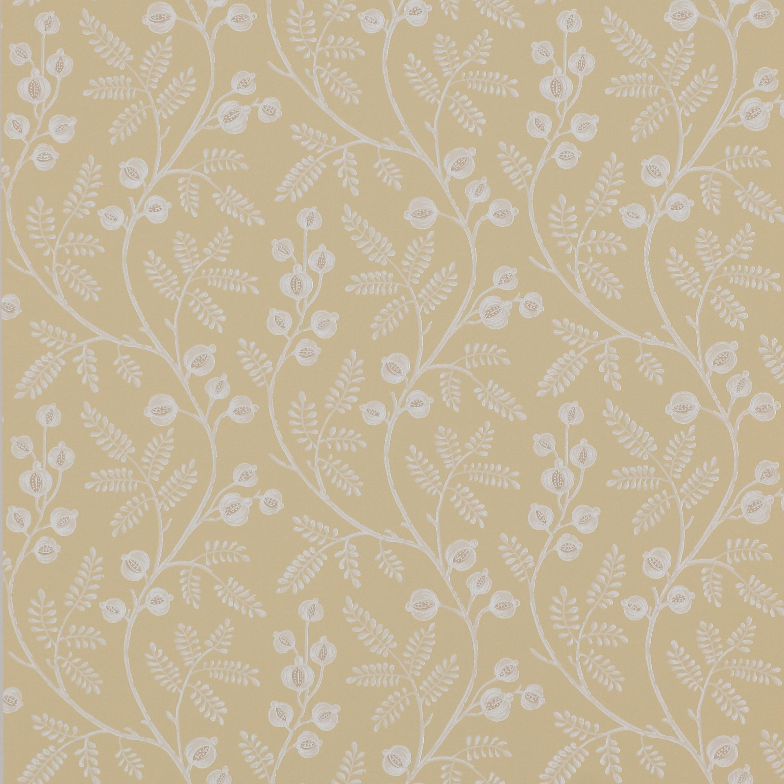 Muted straw-yellow wallpaper with chalk-white trailing branches, leaves and small blossoms