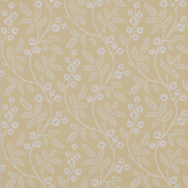 Muted straw-yellow wallpaper with chalk-white trailing branches, leaves and small blossoms