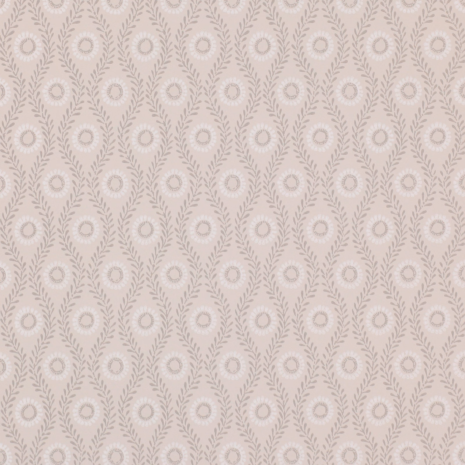 Warm beige wallpaper with taupe leafy garlands and small circular floral medallions