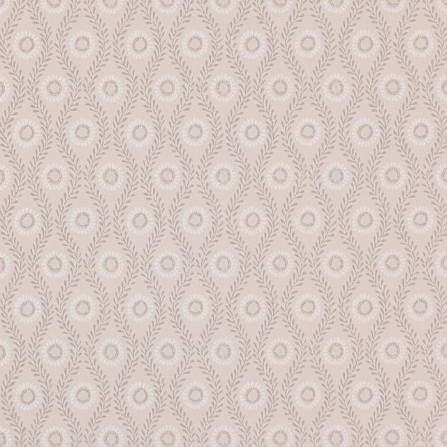 Warm beige wallpaper with taupe leafy garlands and small circular floral medallions