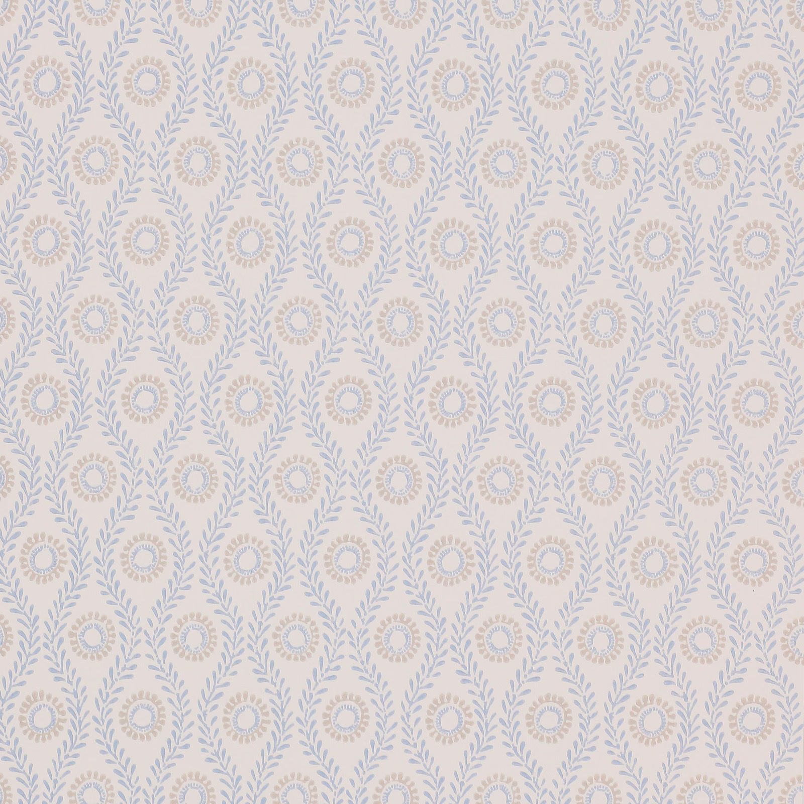 Powder-blue leafy oval wallpaper with beige floral medallions on an ivory ground