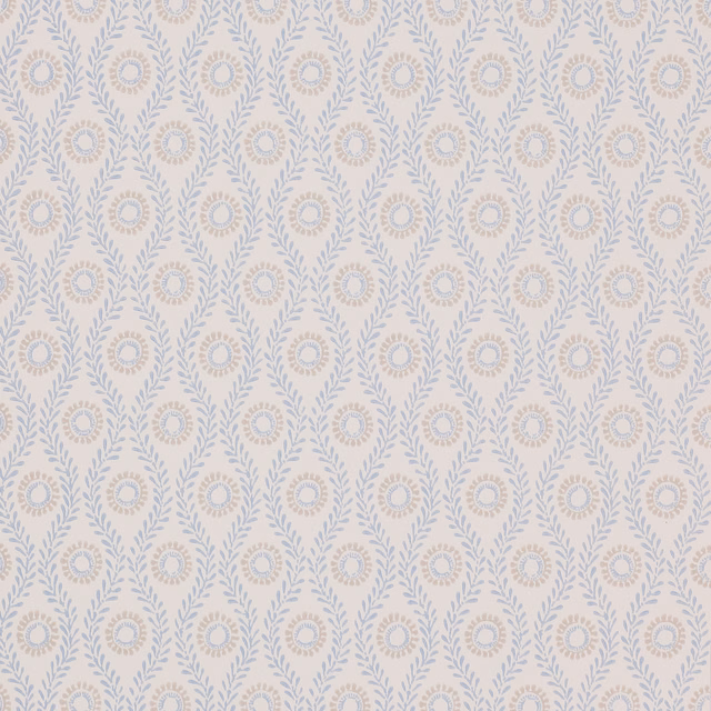 Powder-blue leafy oval wallpaper with beige floral medallions on an ivory ground