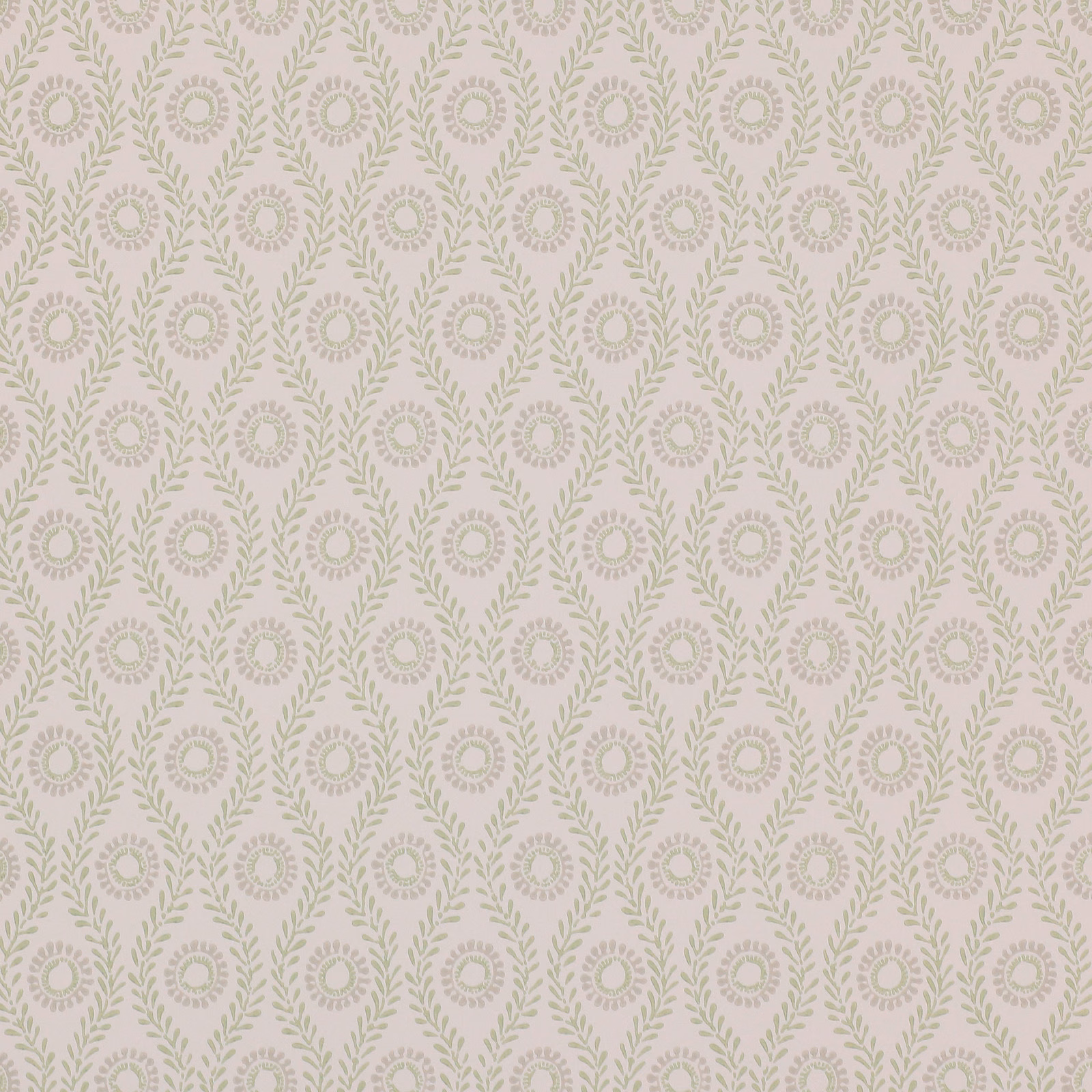 Pale ivory wallpaper with repeating sage leafy garlands and circular floral medallions