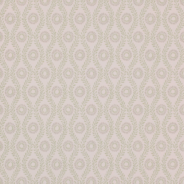 Pale ivory wallpaper with repeating sage leafy garlands and circular floral medallions