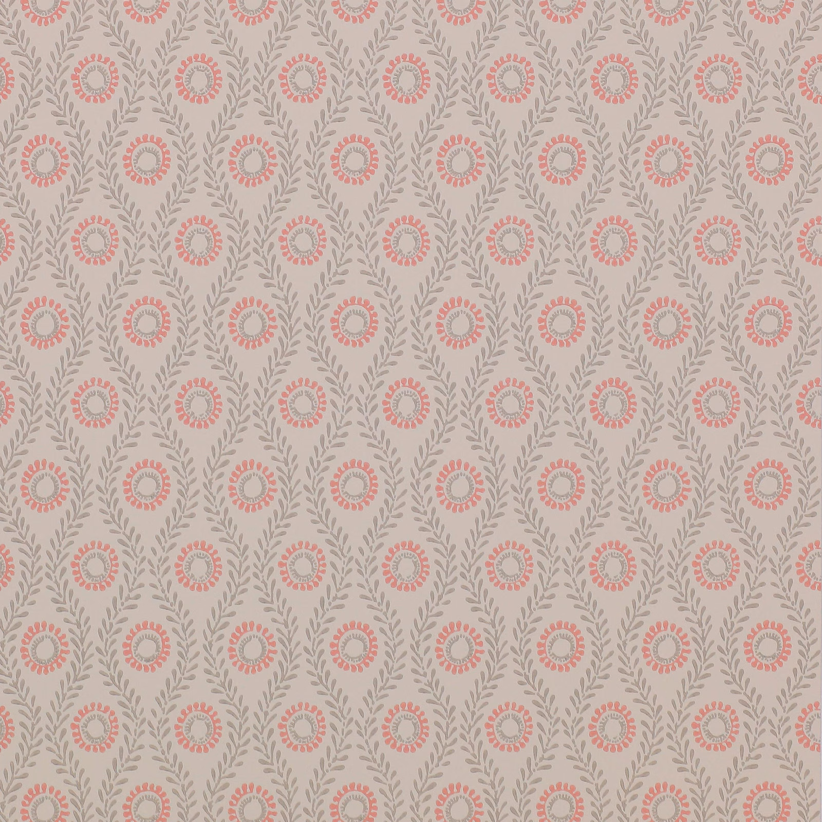 Muted coral-red floral medallions and grey leafy sprigs on a pale ground