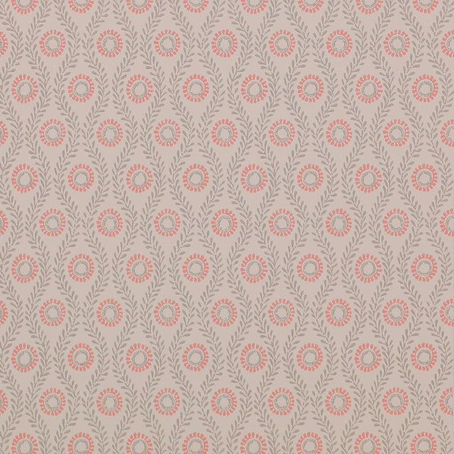 Muted coral-red floral medallions and grey leafy sprigs on a pale ground