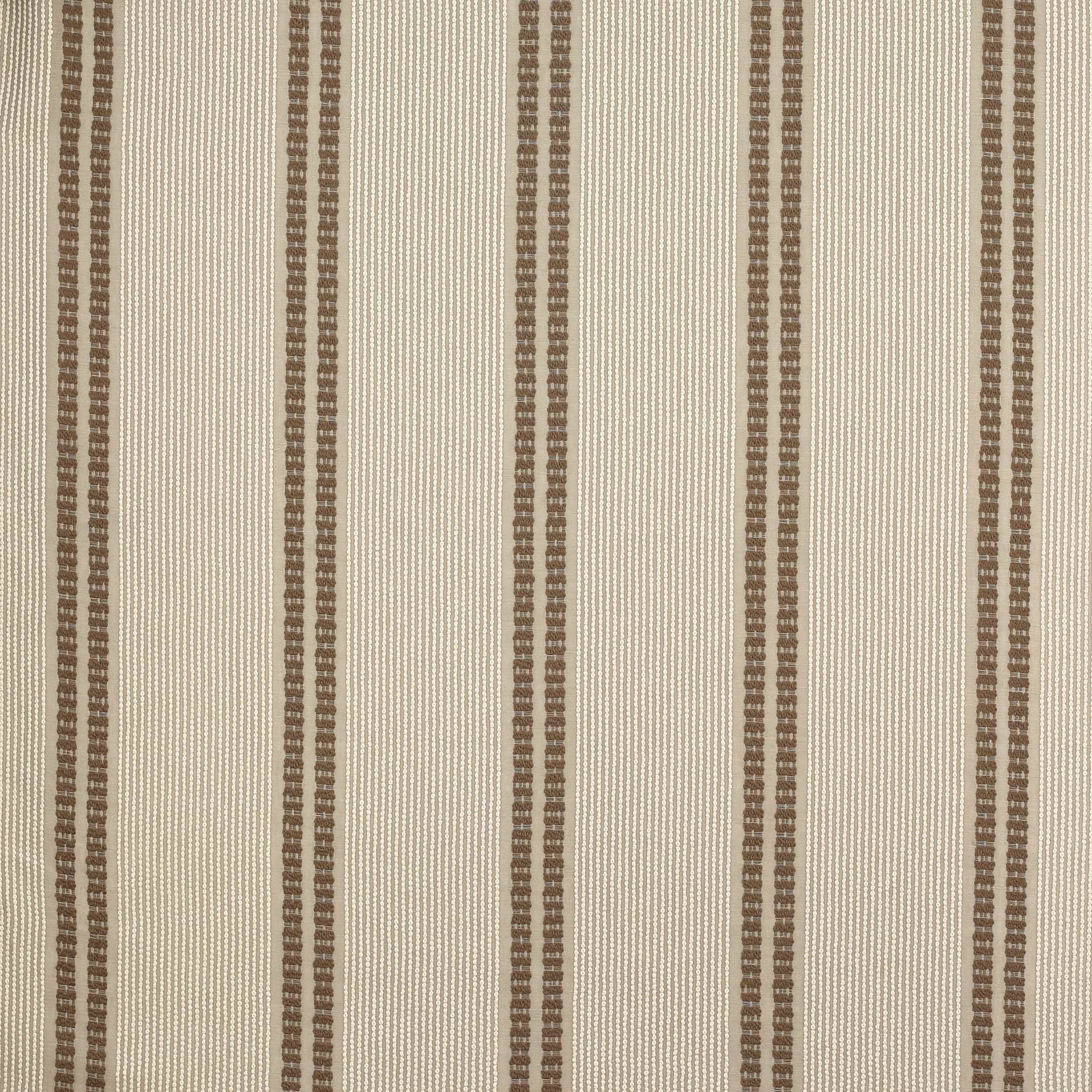 Pale beige striped fabric with narrow brown vertical bands and fine woven texture