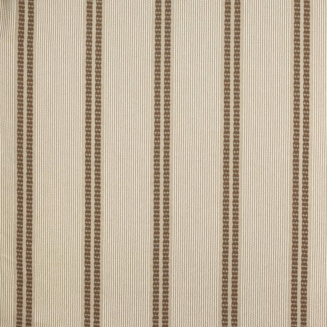 Pale beige striped fabric with narrow brown vertical bands and fine woven texture
