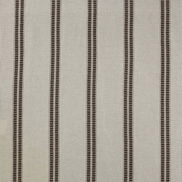 Pale gull-beige striped fabric with narrow brown vertical bands and fine woven texture
