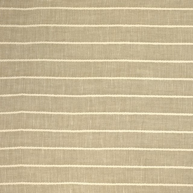 Warm clay-beige striped fabric swatch with fine cream horizontal bands