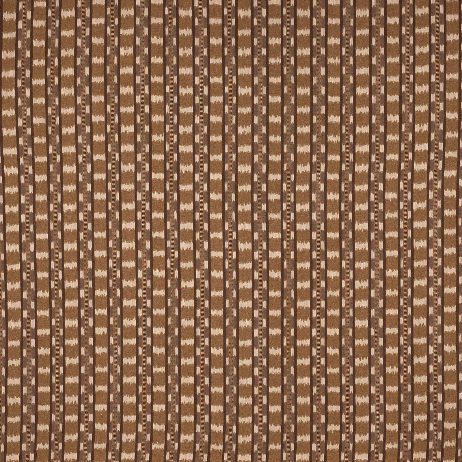 Vertical beige and taupe woven stripe fabric with small ivory accents