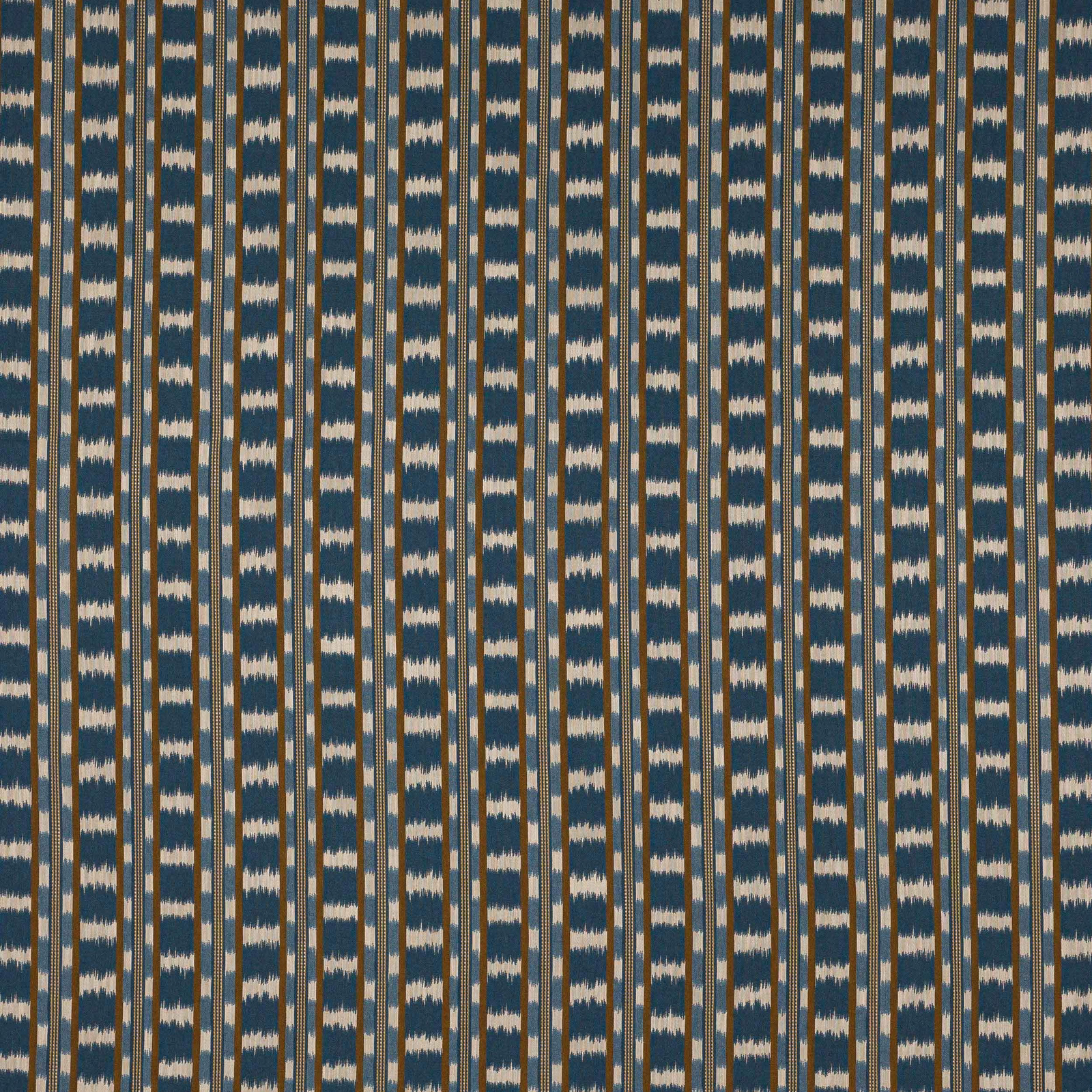 Vertical striped fabric in teal navy, cream and gold with a textured woven finish