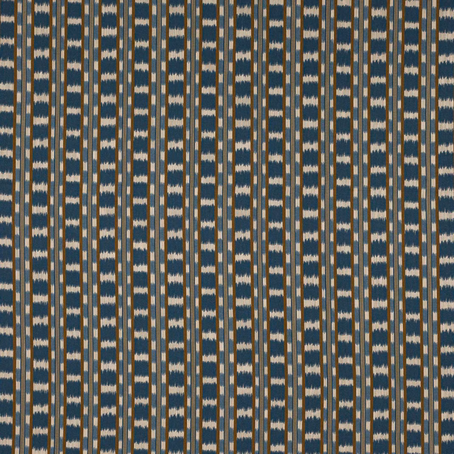 Vertical striped fabric in teal navy, cream and gold with a textured woven finish