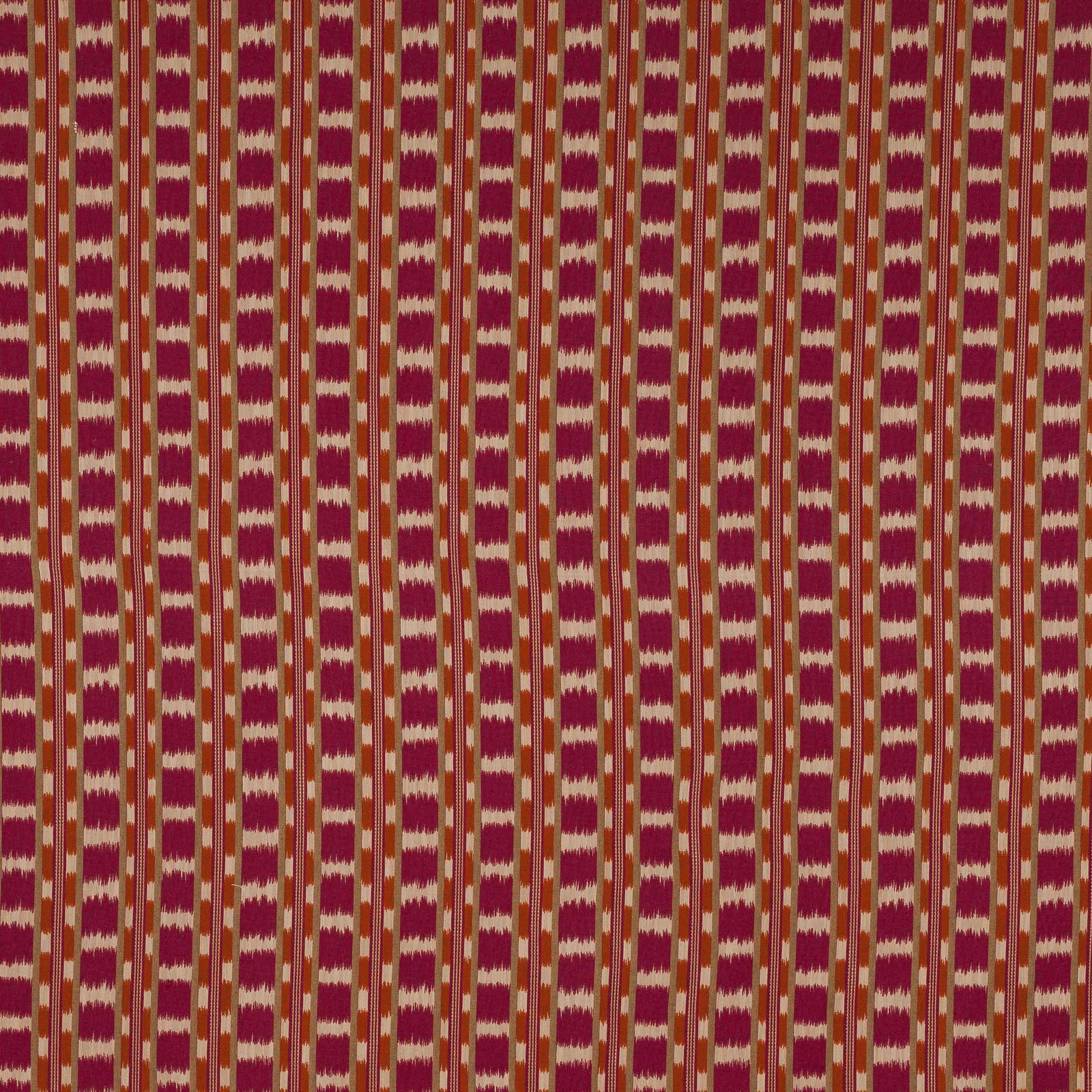 Vertical fuchsia and beige striped woven fabric swatch with small repeating blocks