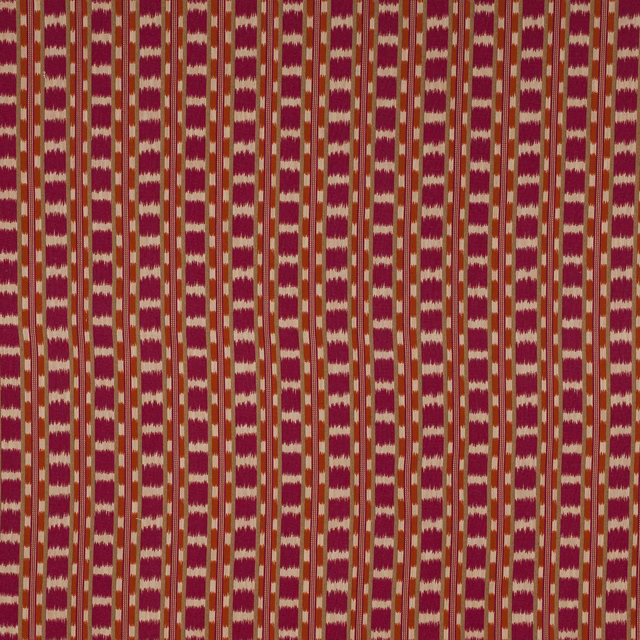 Vertical fuchsia and beige striped woven fabric swatch with small repeating blocks