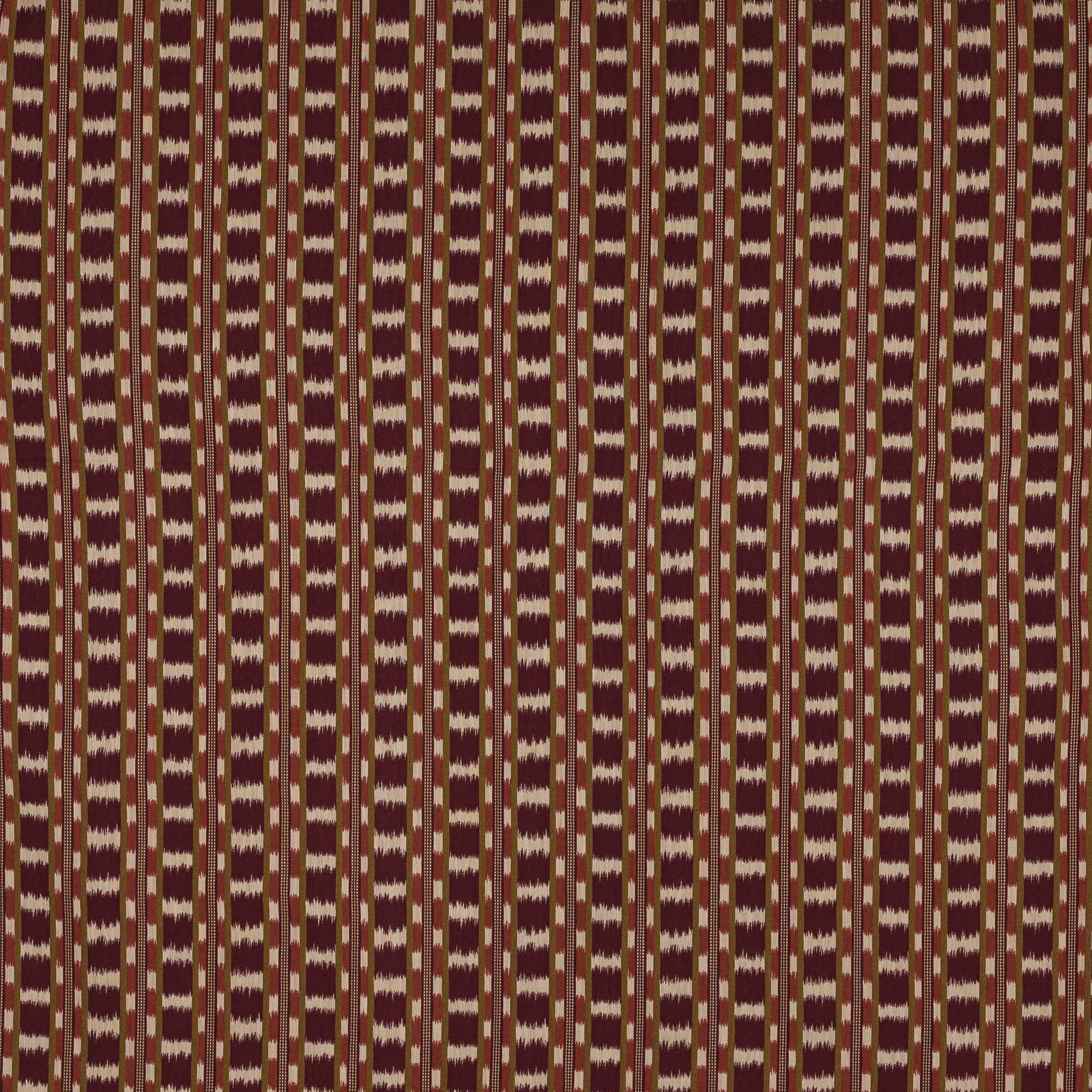 Vertical woven stripe fabric in deep grenat red, cream and ochre tones