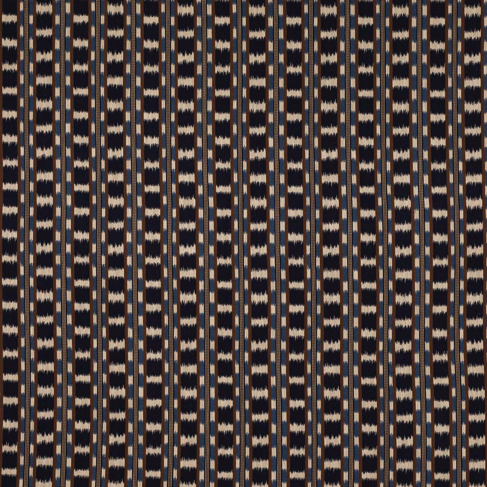 Close-up of Frida Indigo striped fabric with indigo, cream and tan vertical bands