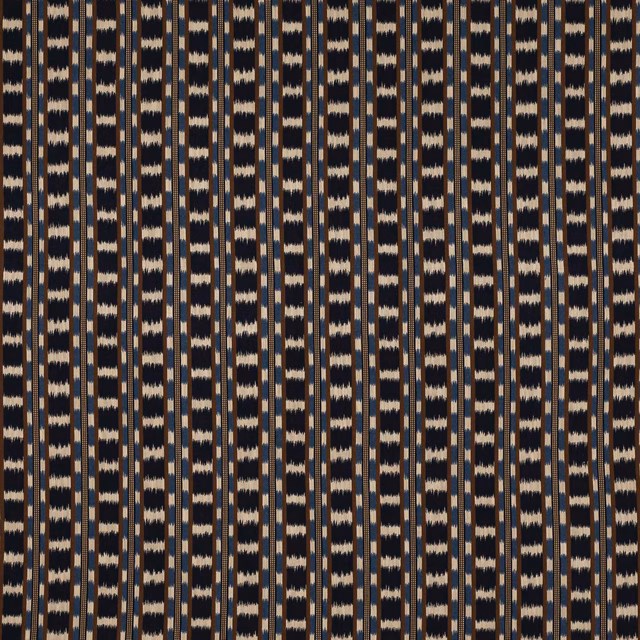 Close-up of Frida Indigo striped fabric with indigo, cream and tan vertical bands