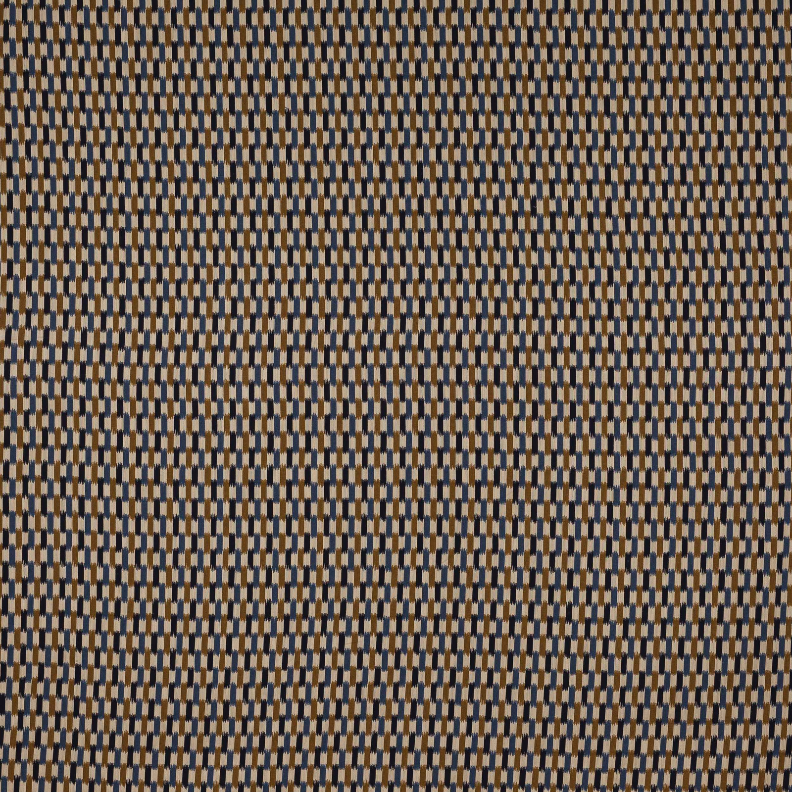 Close-up of a blue, tan and cream small-scale woven check fabric