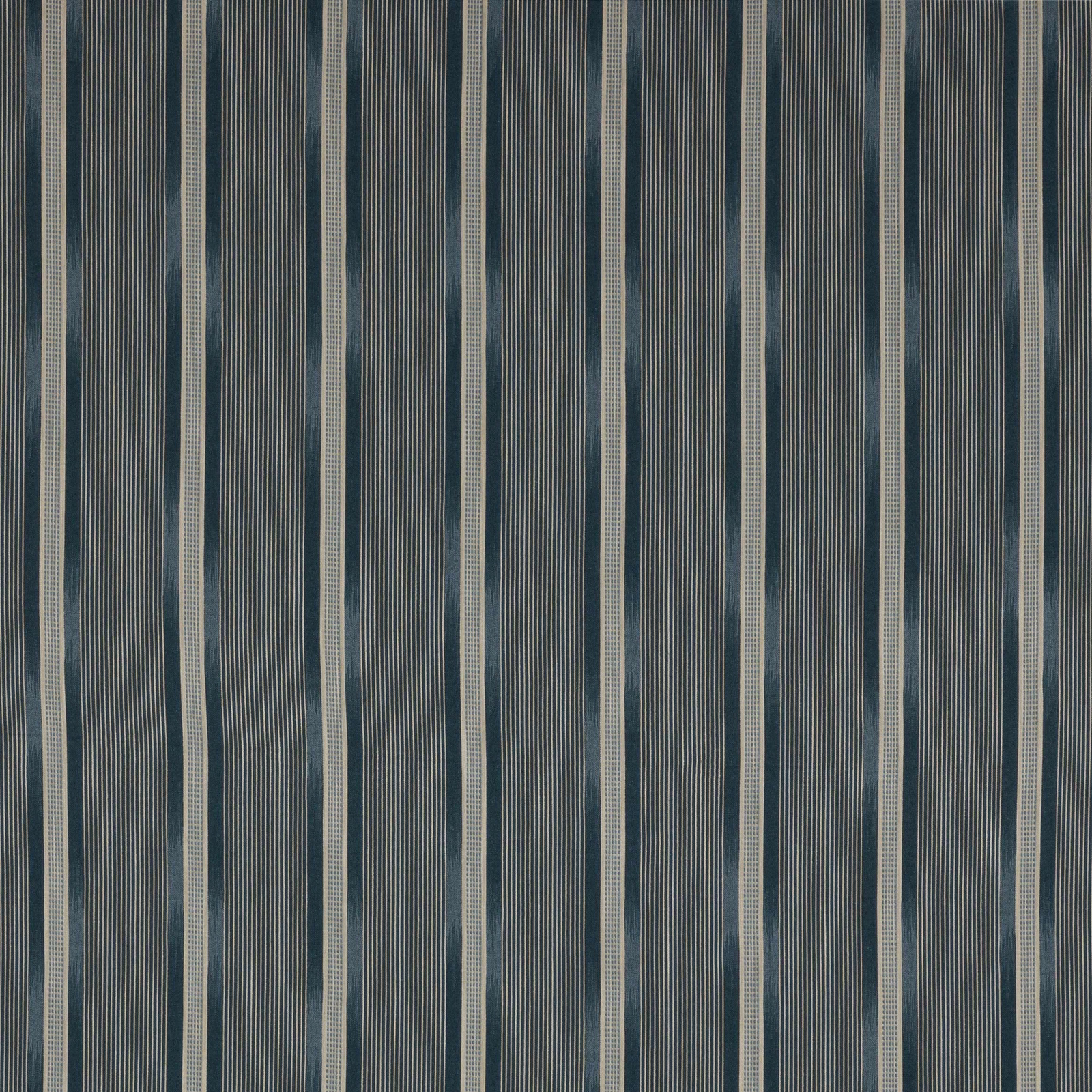 Vertical blue-grey striped fabric with narrow cream pinstripes and woven texture