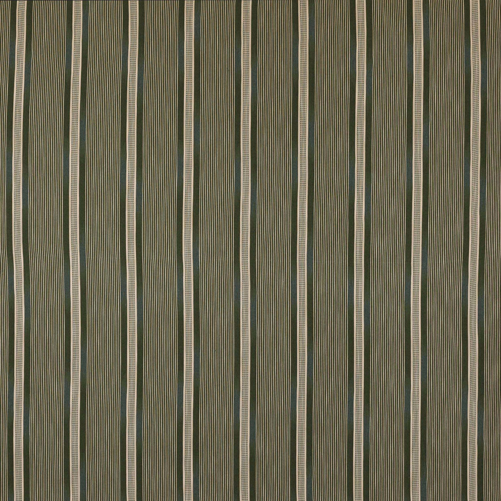 Olive green vertical striped fabric swatch with fine cream pinstripes