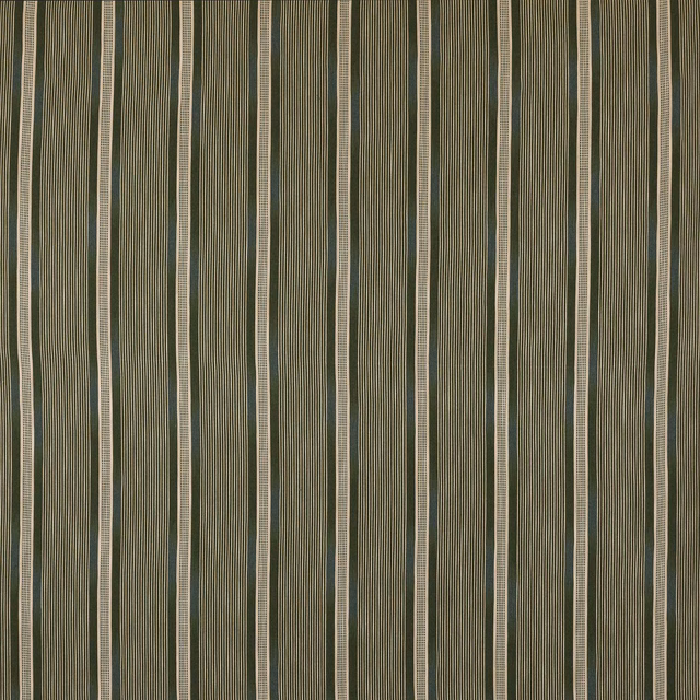 Olive green vertical striped fabric swatch with fine cream pinstripes