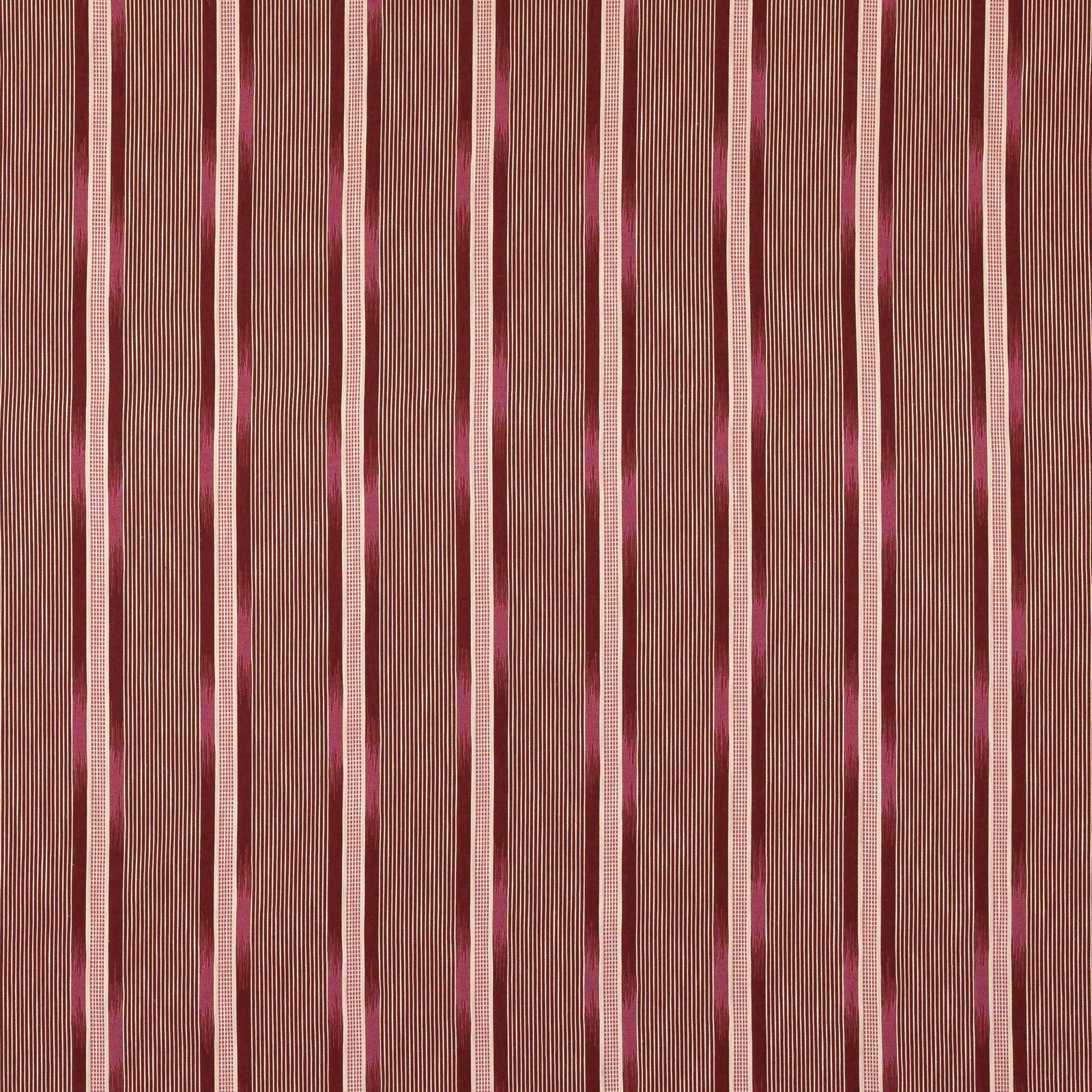 Vertical grenat and blush stripes with fine pinstripe detailing on woven fabric