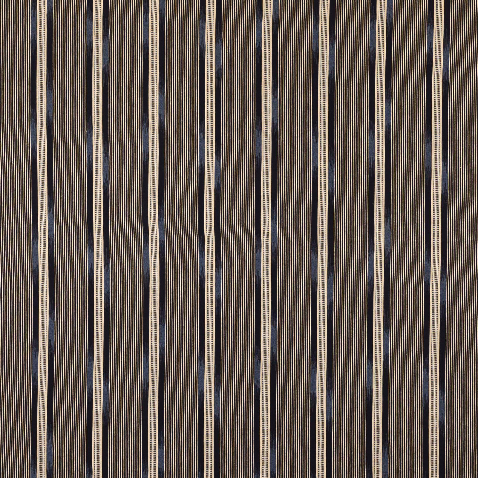 Vertical indigo and beige striped fabric swatch with fine woven texture