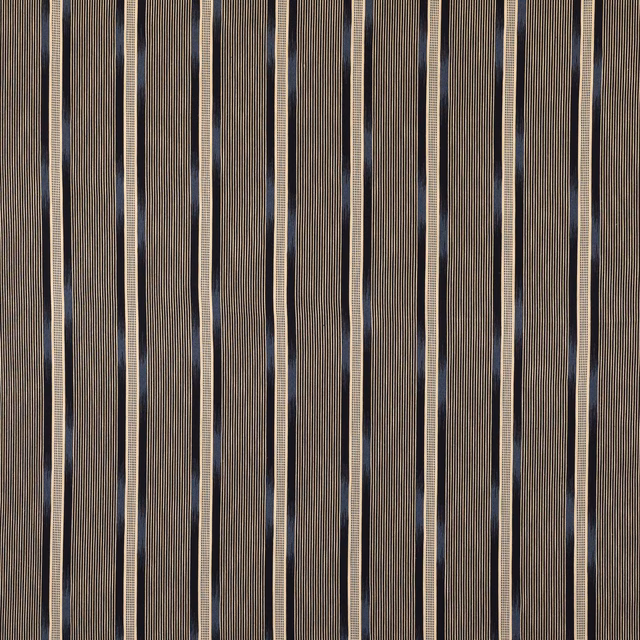 Vertical indigo and beige striped fabric swatch with fine woven texture