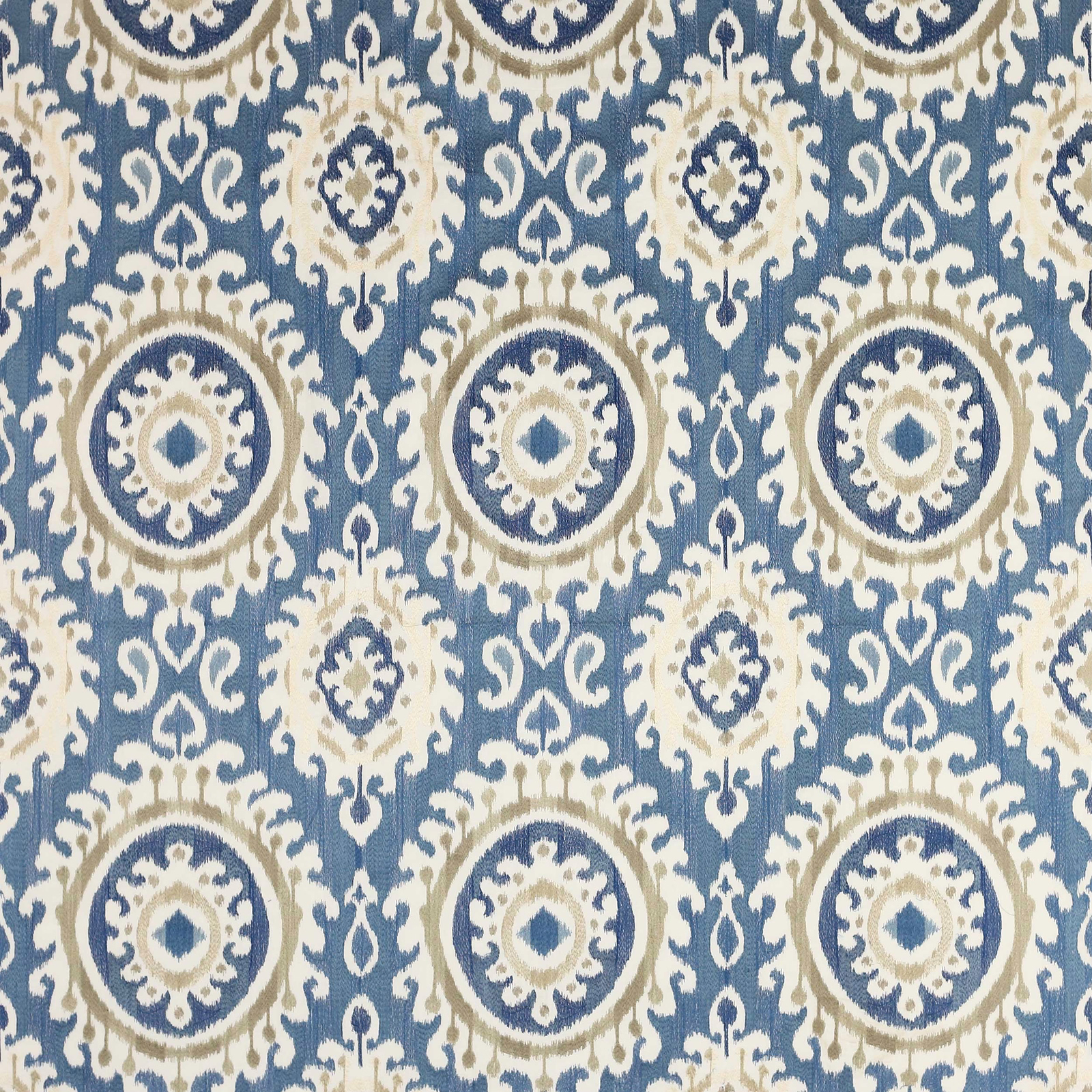 Blue and ivory geometric fabric with large circular medallions and woven texture