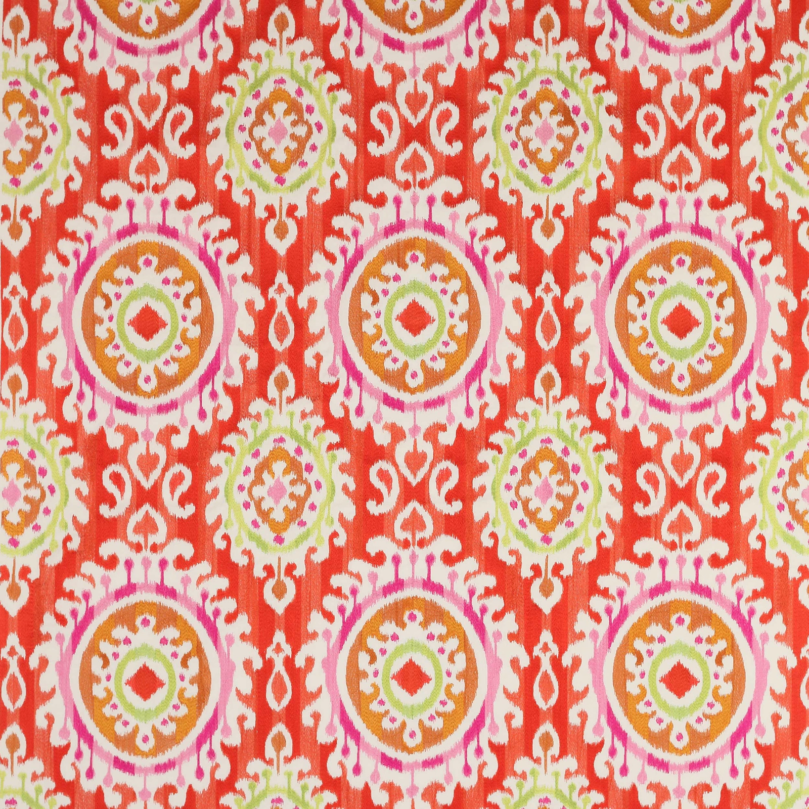 Coral-orange woven fabric with large circular medallions in pink, cream and green