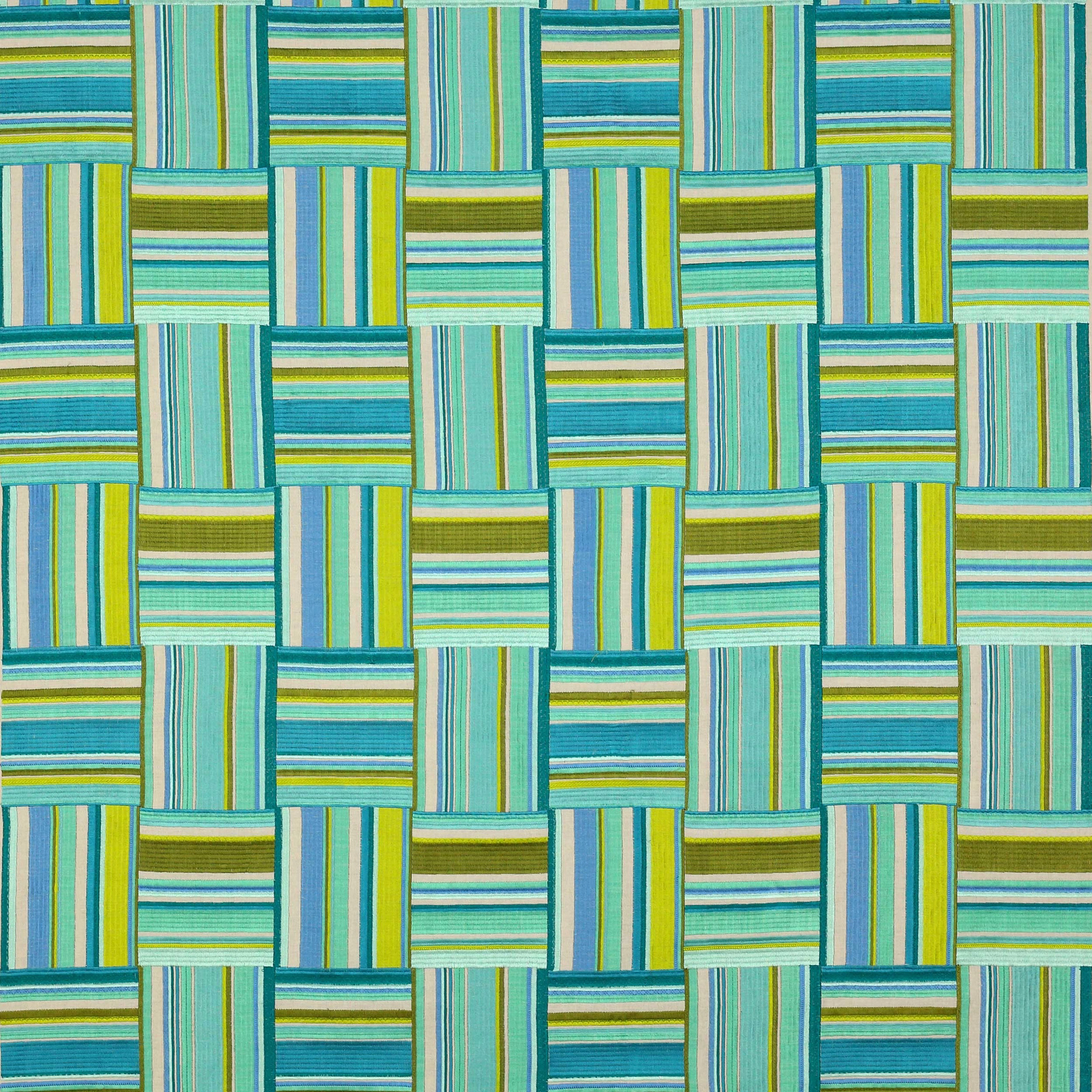 Woven check fabric with turquoise, aqua, lime and pale neutral stripes