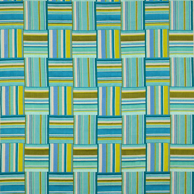 Woven check fabric with turquoise, aqua, lime and pale neutral stripes