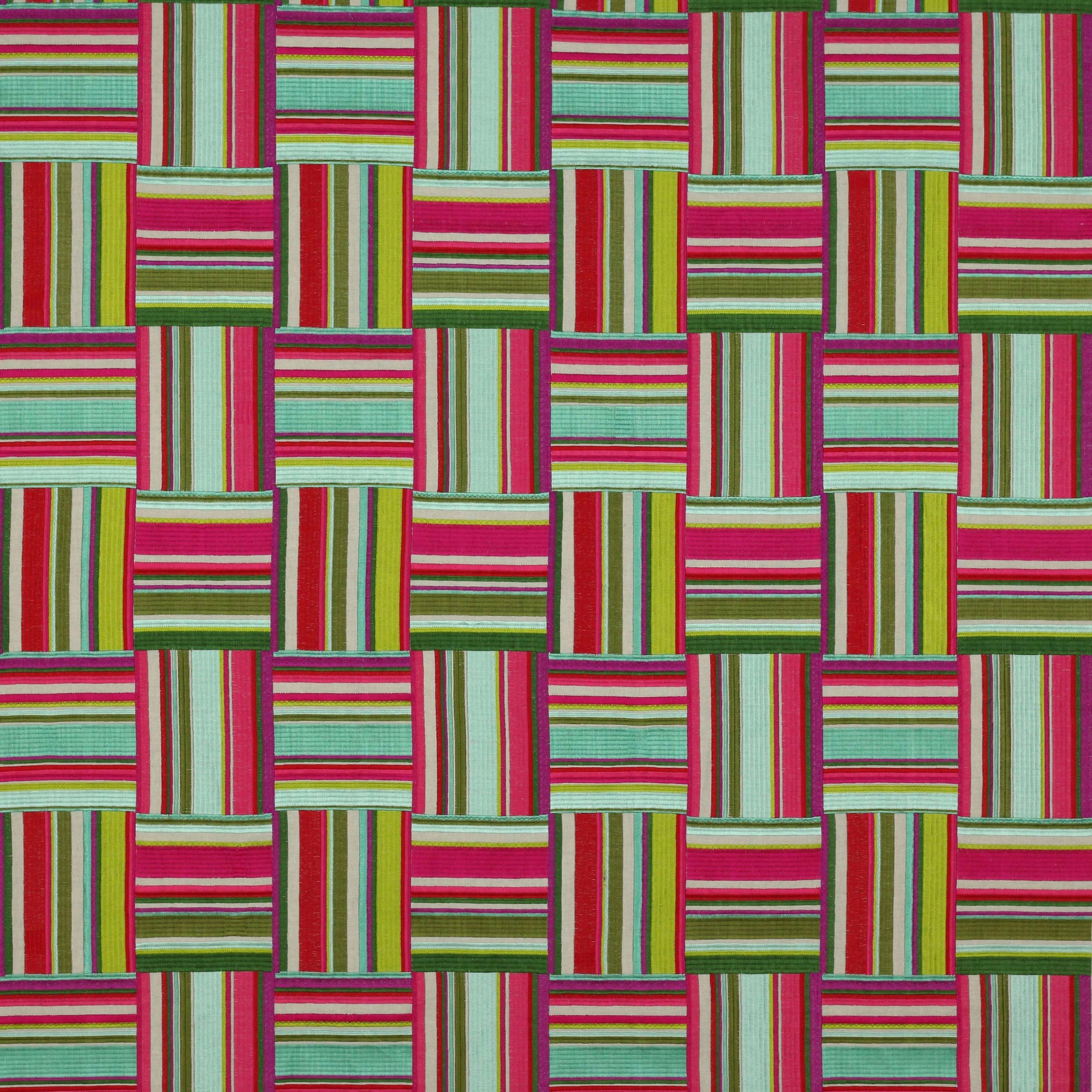 Woven pink, aqua and green checked fabric with striped basket pattern