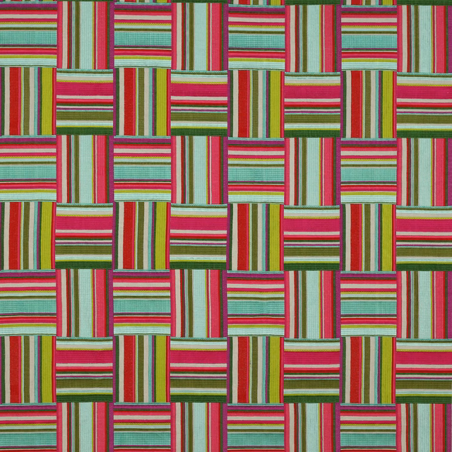 Woven pink, aqua and green checked fabric with striped basket pattern