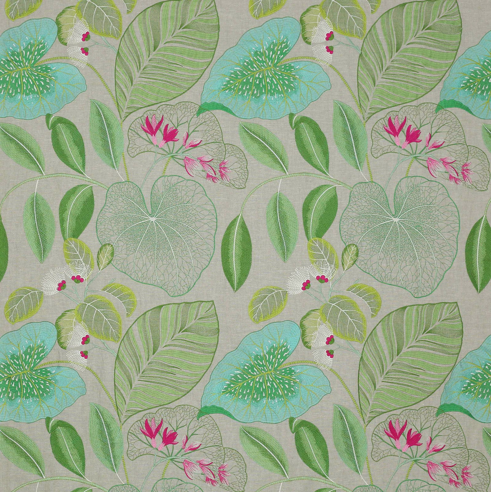 Botanical print fabric with emerald leaves, aqua flowers and pink accents on a pale ground