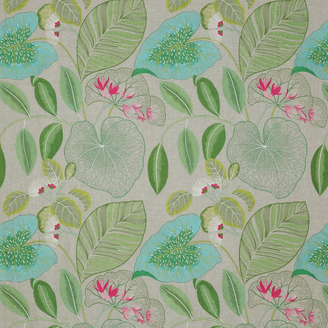 Botanical print fabric with emerald leaves, aqua flowers and pink accents on a pale ground