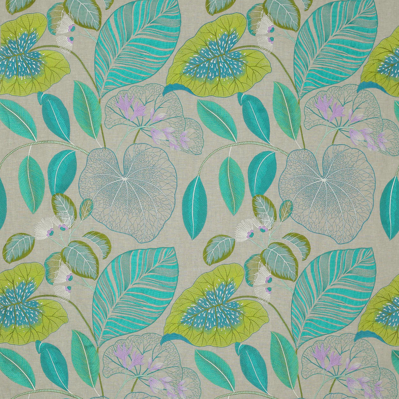 Large botanical print with turquoise leaves, lime accents and pale linen ground