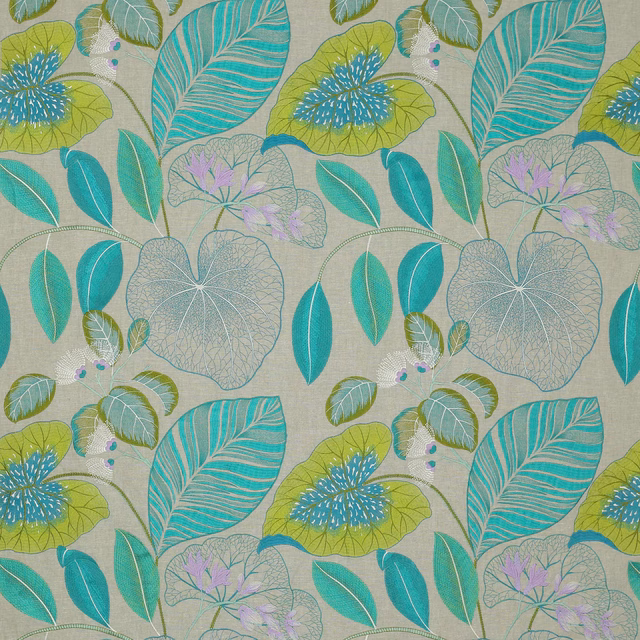 Large botanical print with turquoise leaves, lime accents and pale linen ground