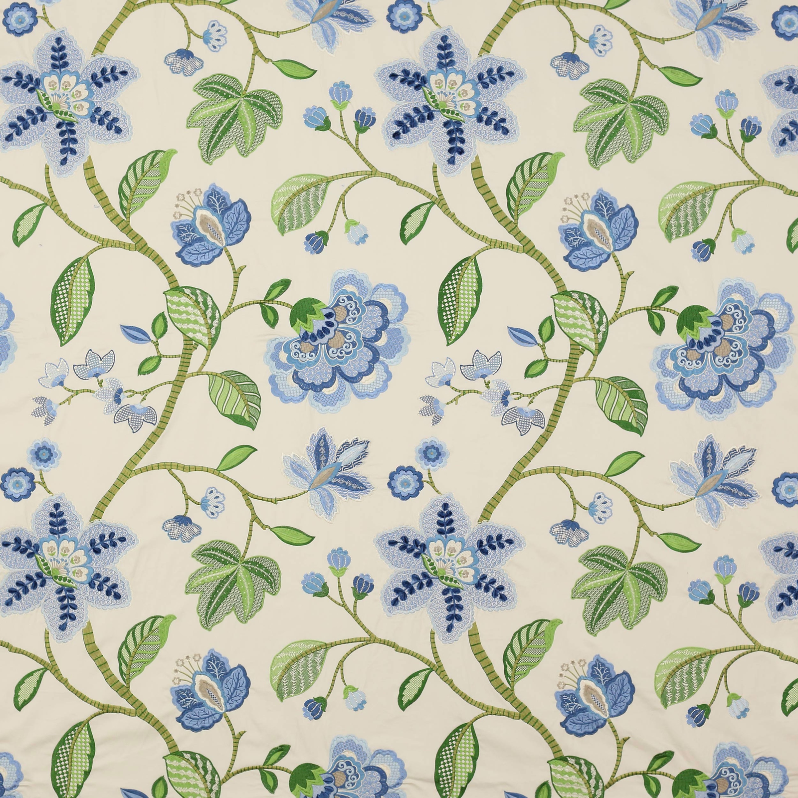 Cream ground fabric with blue and green trailing floral vine pattern