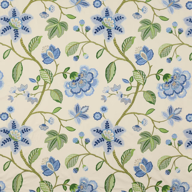 Cream ground fabric with blue and green trailing floral vine pattern