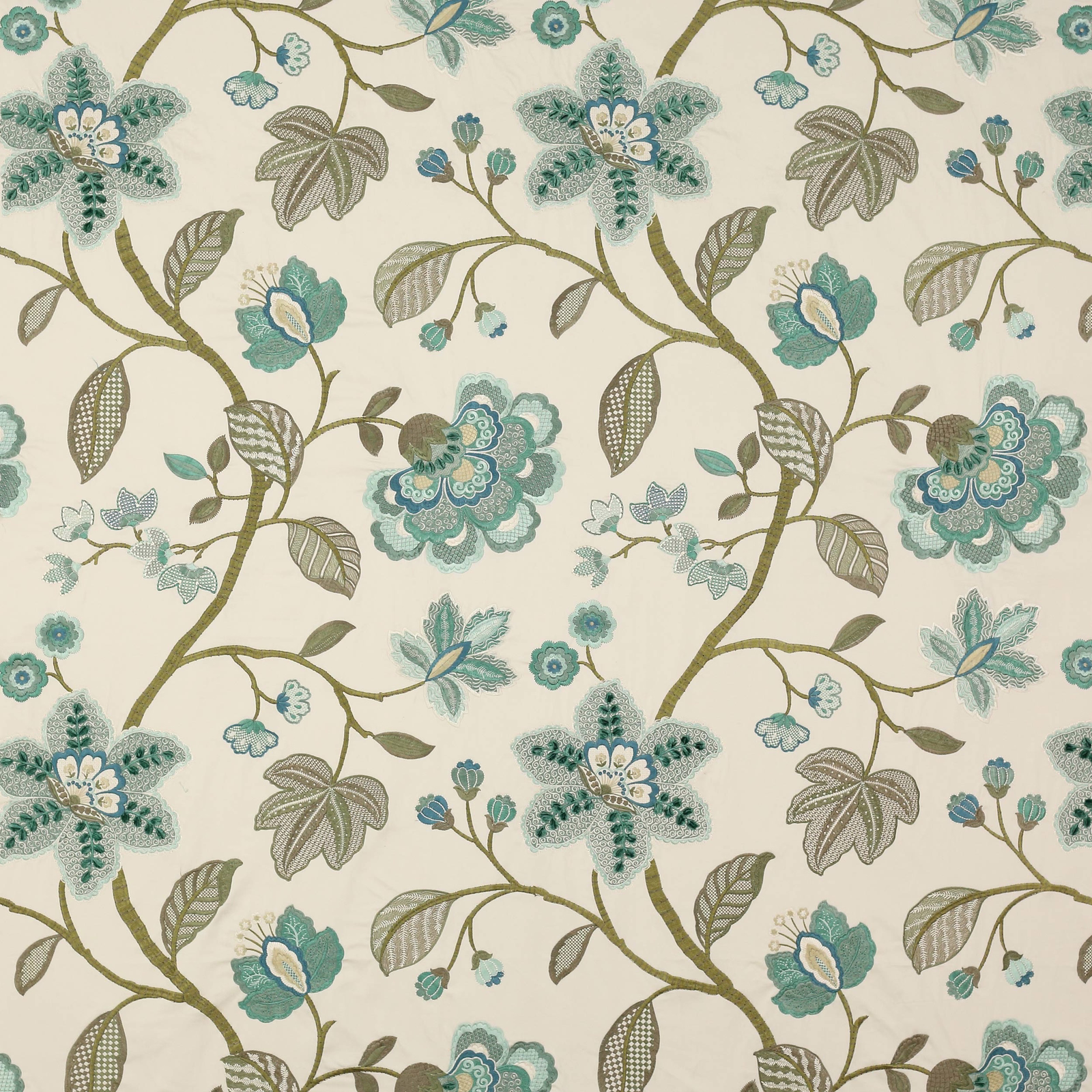Ivory floral fabric with teal, aqua and olive embroidered-style blossoms