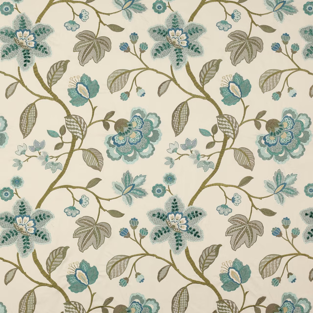 Ivory floral fabric with teal, aqua and olive embroidered-style blossoms
