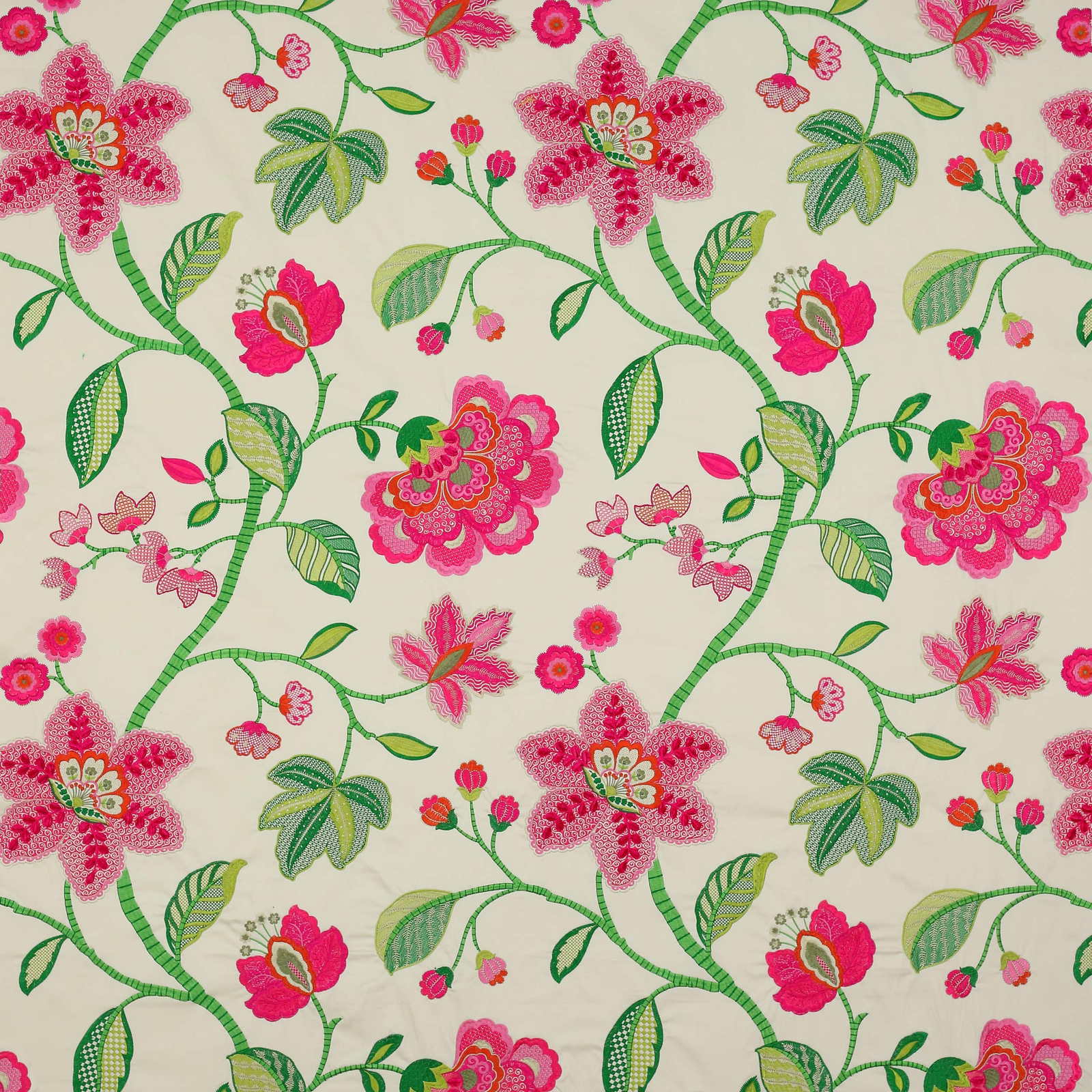 Large pink and green floral fabric swatch on a cream ground