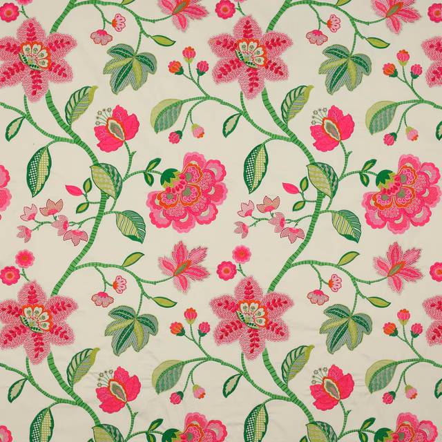 Large pink and green floral fabric swatch on a cream ground
