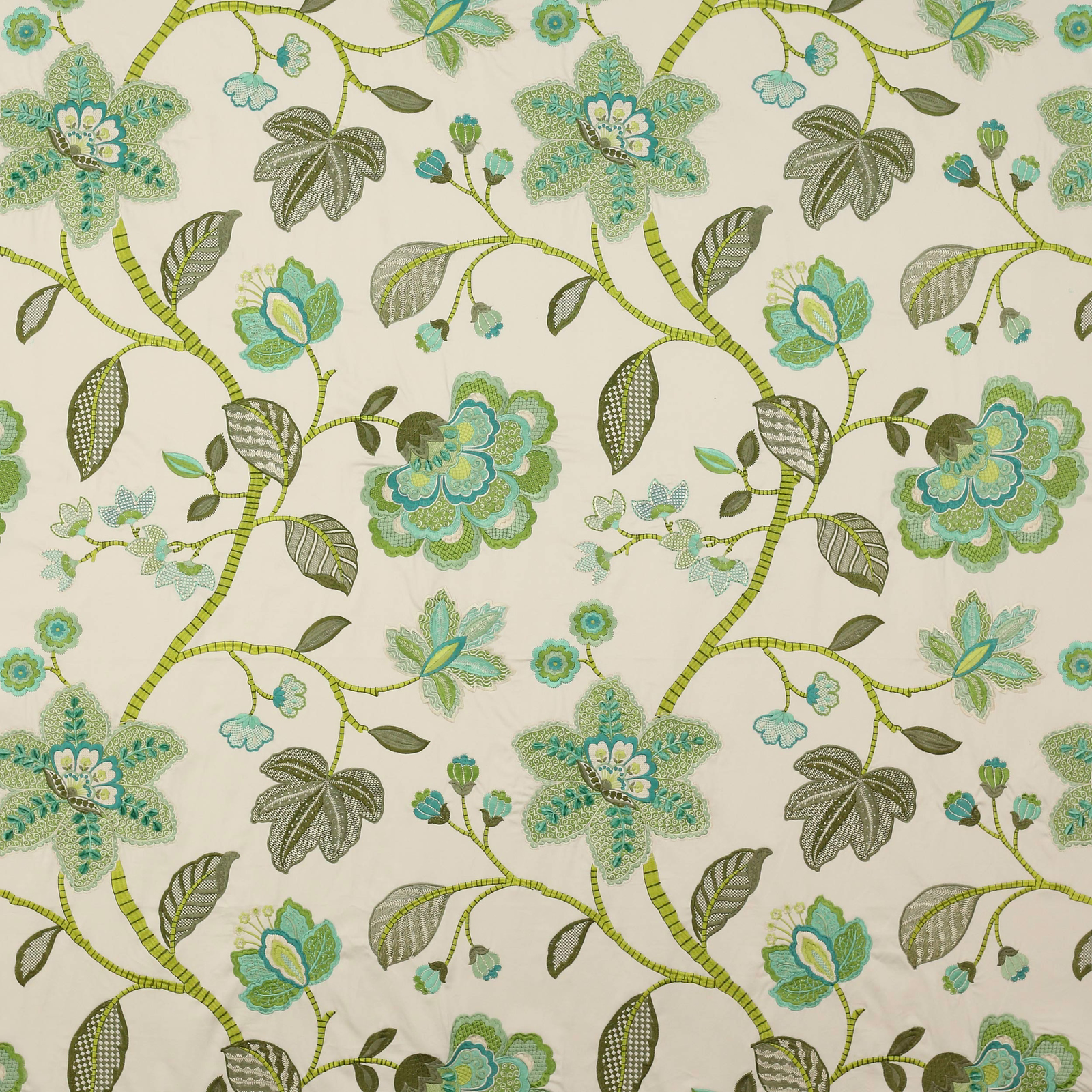 Turquoise and sage floral trailing fabric on an ivory ground with embroidered-look leaves